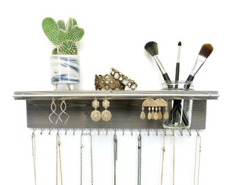 CLEARANCE SALE | Grey Jewelry Organizer With Shelf, Necklace Holder, Bracelet and Earring Holder and Mason Jar