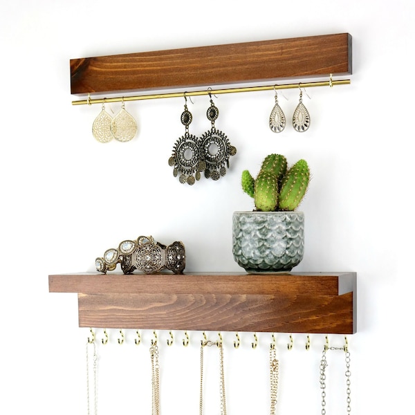 Jewelry Organizer With Shelf | Earring Display and Necklace Hooks