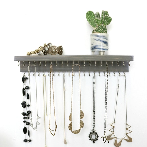 Wall Mount Necklace Holder | Jewelry Organizer With Shelf | Necklace Display