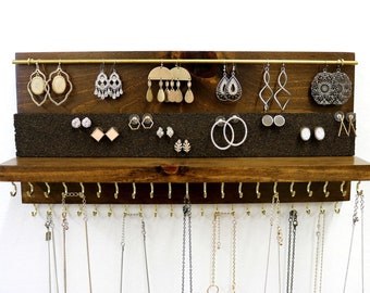 Jewelry Organizer With Shelf | Double Necklace Holder | Stud Earring and Dangle Earring Holder