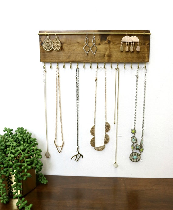 Jewelry Organizer Necklace Holder Wall Mounted Rustic Wood, Necklaces, Earrings  Organizer 