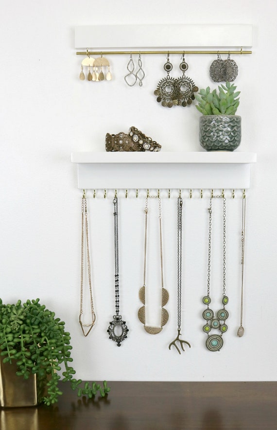 White Wall Mount Jewelry Organizer Necklace Holder and Earring Display 