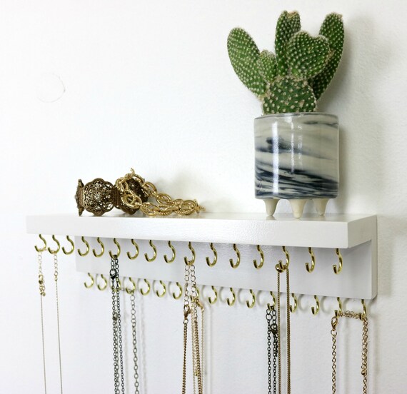 Wall Mount Jewelry Organizer with Shelf, Earring Holder, Necklace Holder