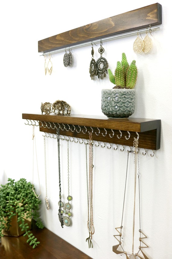 Amazon.com: VINAEMO Jewelry Organizer Hanging Wall Mounted Jewelry Holder  with Rustic Wood Drawer & Large Capacity Storage Shelf Rack Display for  Earrings Rings Necklaces Bracelet : Home & Kitchen