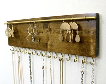 Porte-collier organisateur de bijoux | Organiseur de boucles d'oreilles, colliers et colliers en bois rustique à fixation murale