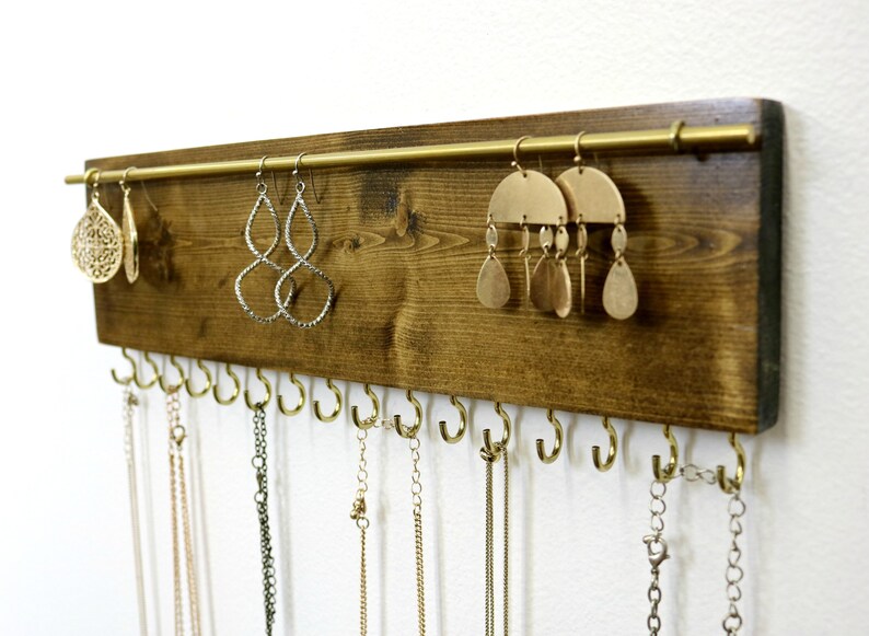 Jewelry Organizer Necklace Holder Wall Mounted Rustic Wood Necklaces Earrings