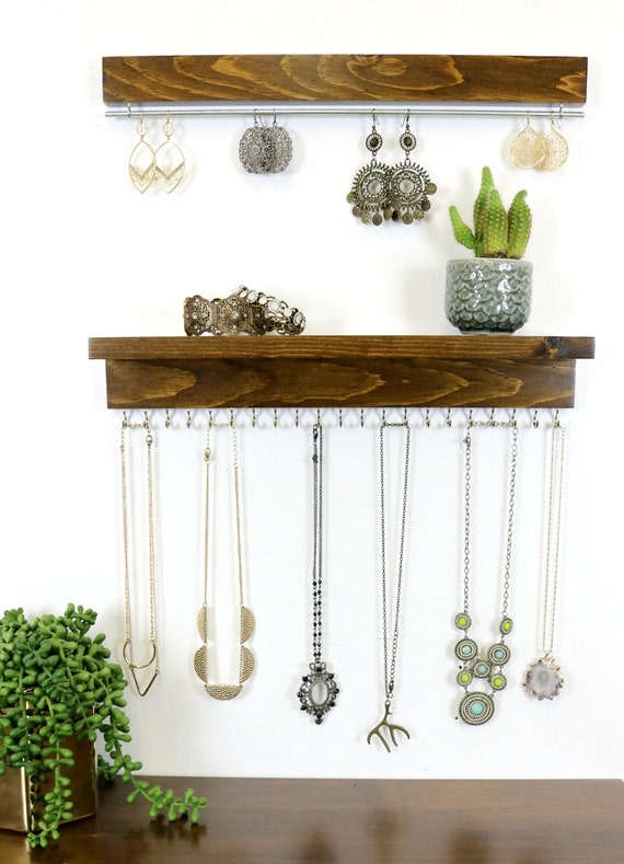 Jewelry Organizer Necklace Holder Wall Mounted Rustic Wood 