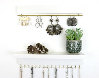 White Wall Mount Jewelry Organizer | Necklace Holder and Earring Display