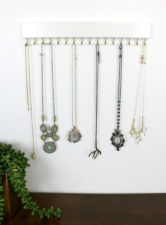 White Wall Mount Jewelry Organizer Necklace Holder and Earring Display 