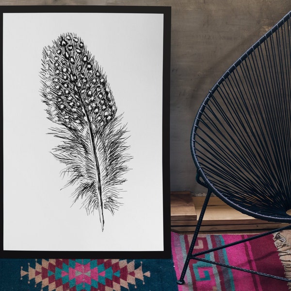 Guinea Fowl Feather Art Print, Feather Sketch, Bedroom Wall Decor, Printable Wall Art, Nordic Wall Art, Black & White Art, Guinea Fowl Gift