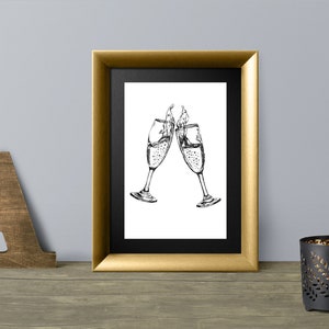 Impressão em vidro de champanhe, impressão em preto e branco, impressão em taça de vinho, arte de parede de festa, decoração de festa de ano novo, cartão de feriados, cartão para impressão