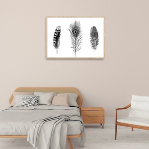 Black and White Feathers Print, Unique Realistic Art Print, Bohemian Home Decor, Tribal Art Print, Native Wall Art, Feathers Wall Art