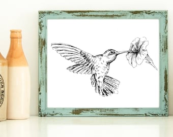 Black-White Hummingbird Digital Download Print, Hummingbird Poster, Hummingbird Wall Art, Nature Print, Digital Bird Drawing, Animal Sketche