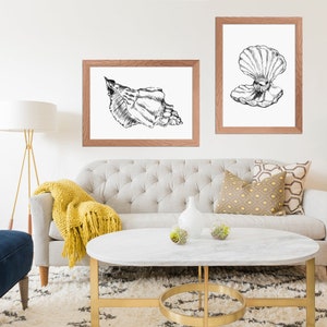 Sea Shell Nautical Art, Coastal Farmhouse Printable Set of 2, Black And White Beach House Décor