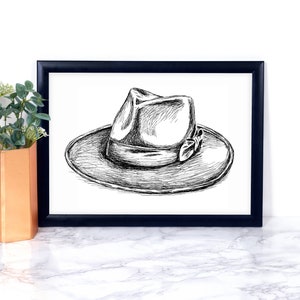 Art mural Fedora Hat pour hommes, Esquisse d’art mural Fedora Hat, Cadeau pour lui