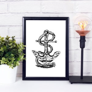 Beach House Decor, Unique Art Prints, Nautical Art, Antique Style Print, Marin Art, Black and white printable, Instant Download, Anchor
