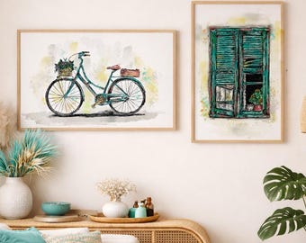Boho Bicycle Wall Art Print, Turquoise Window Mediterranean Street Decor
