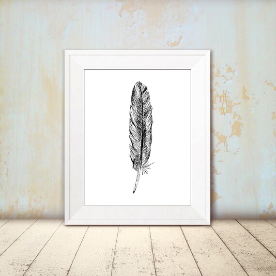 Digital Feather Art Print, Feather Sketch, Feather Drawing, Printable Feather Wall Art, Nature Art Print, Black White Print, Native Wall Art