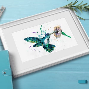 Blue-Colorful Bird Print, Hummingbird Painting, Digital Download Art Print, Nature Art Hummingbirds Poster, Animal Sketches, Wall Art Print
