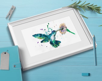 Blue-Colorful Bird Print, Hummingbird Painting, Digital Download Art Print, Nature Art Hummingbirds Poster, Animal Sketches, Wall Art Print
