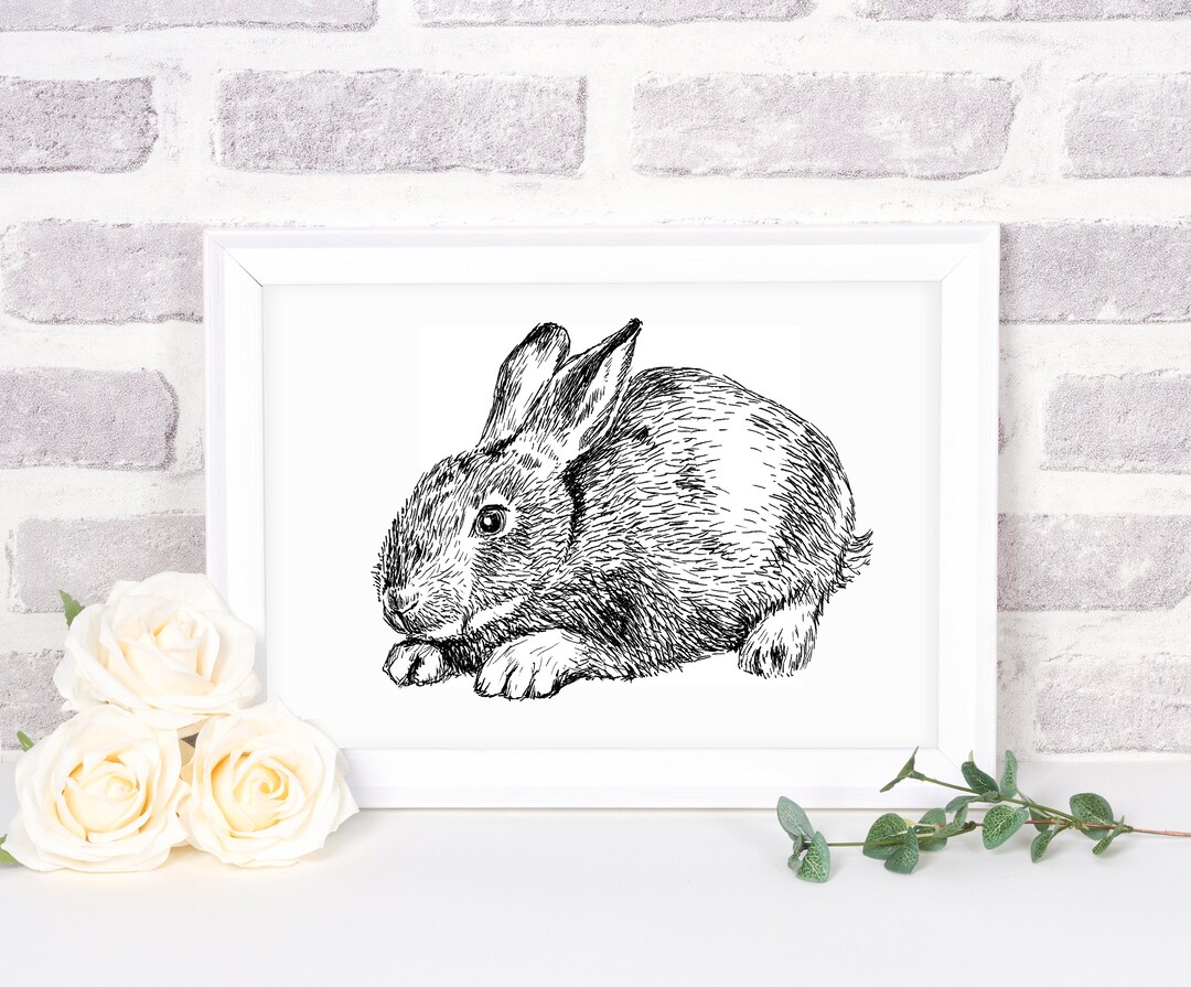 Cute Rabbit Drawing, Easter Bunny Poster, Farmhouse Bunny Wall Art - Etsy