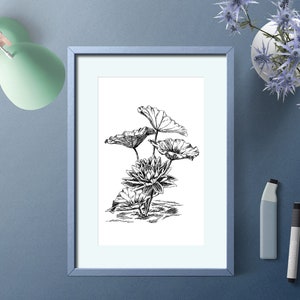 Lotus Flower Wall Art Print, Black and White Lotus Painting, Nature Wall Decor, Lotus Flower Art, Printable Wall Art, Digital Download Art