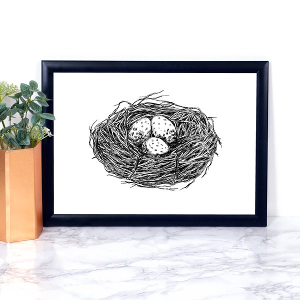 Black White Prints, Unique Wall Décor, Realistic Art, Rustic Wall Decor, Art Print Nature, Nordic Art, Bird Nest Print, Housewarming gift