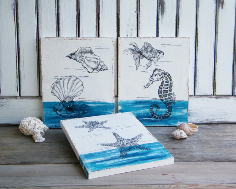 Sea life picture set Set of 3 wood signs Rustic wall decor Etsy