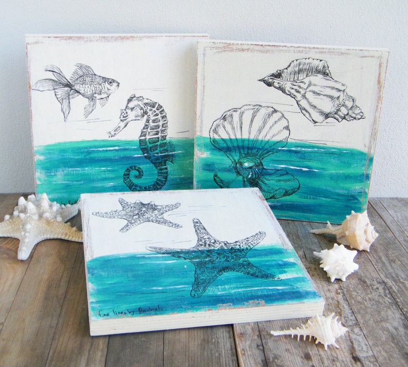 Sea life picture set Set of 3 wood signs Rustic wall decor Etsy