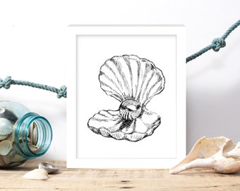 Sea shell sketch, Black and white pearl print, Printable wall art, A4 Art print, Dorm decor, Hostess gift