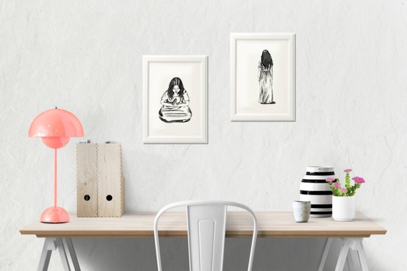 Yoga Studio Decor Spiritual Art Set Of Two Black And White Sketch Spiritual Wall Art Yoga Art White Dress