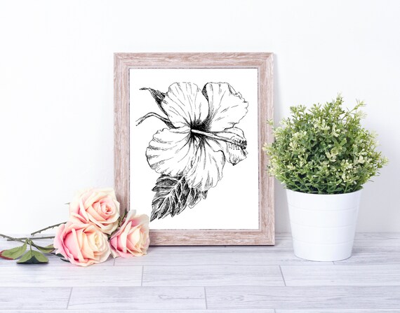 Black and White Hibiscus Art Print, Printable Hibiscus Wall Art, Digital Download Print, Botanical Print, Tropical Print, Hibiscus Drawing