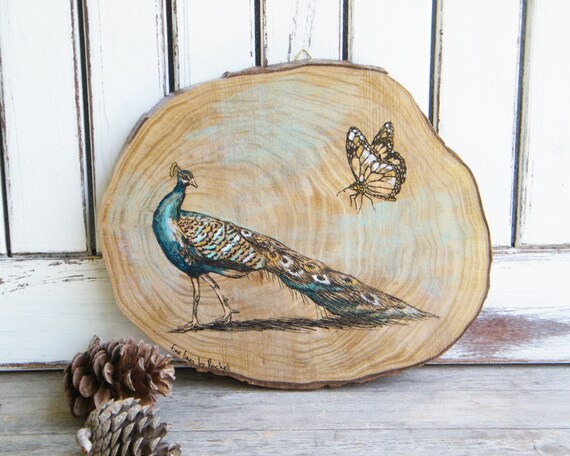 Peacock Print Bedroom Decor Bird Print Butterfly Print Rustic Wood Sign Country Wall Decor Wall Sign Wood Slice Art Gift For Her