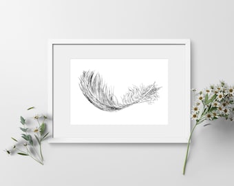 Feather Wall Art, Feather Poster, Digital Art Print, Feather Sketch, Feather Drawing, Printable Sketch Of A Feather, Black and White Print