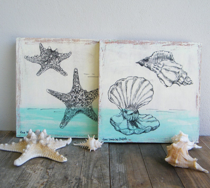 Sea life picture set Set of 3 wood signs Rustic wall decor Etsy