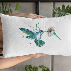 Hummingbird Watercolors Pillow, Decorative Pillow For Bed, Nature Print Pillow, Rectangular Pillow, Unique Throw Pillow, Throw Cushion