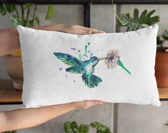 Hummingbird Watercolor Print Pillow, Linen Feel Throw Cushion