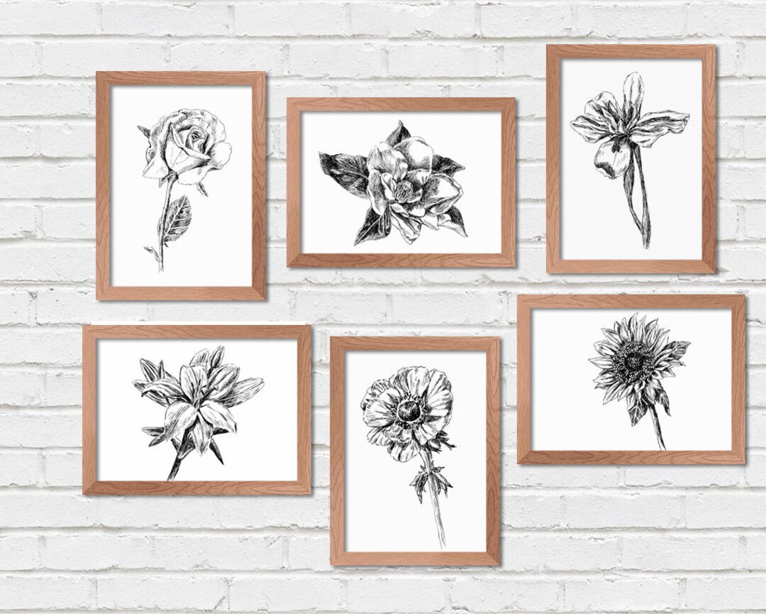 Black and White Botanical Prints, Botanical Set of Coloring Wall Art - Etsy