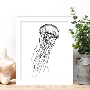 Jellyfish Digital Print, Sea Life Drawings, Black and White Wall Art, Printable Wall Art, Sealife Print, Jellyfish Poster, Nautical Wall Art