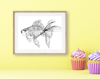 Art Poster Printable, Art Prints Black And White, Unique Wall Décor, Nature Wall Art, Nautical Décor, Newhome Gift, Realistic Art, Goldfish