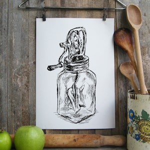 Instant Download Printable art, Wall Art Print, Antique Style Prints, Rustic Kitchen Decor, Realistic Art, Black White Sketch, Butter Churn