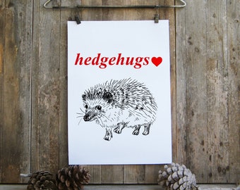 Quote prints - hedgehog, Valentines gift, hedgehugs wall art, Hipster wall decor, Printable art, Quote poster, Black and red, Love