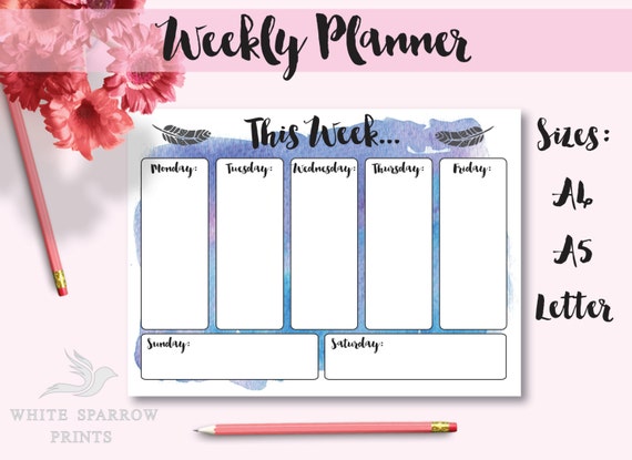 Printable WEEKLY PLANNER. Desk Pad. Diary. Binder. Unique, colorful, watercolor version with feathers. Daily Tracker. Instant Download. Il_570xn