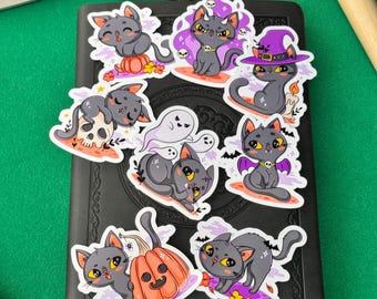 Halloween Cat Sticker Set – Spooky Witch Cats, Pumpkins, Ghosts (8 Vinyl Stickers)