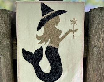 mermaid witch, witch art, witch canvas, mermaid art, Halloween decor, witch, witches, Halloween at the beach, beach art, coastal halloween