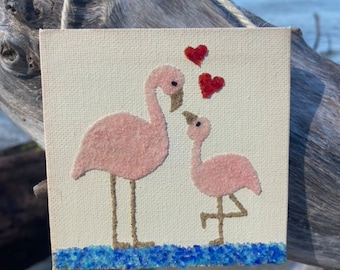 Adorno de flamenco, flamencos, arte de playa, arte costero, amante de los flamencos, mamá y niño flamenco, arte de flamencos, bebé flamenco