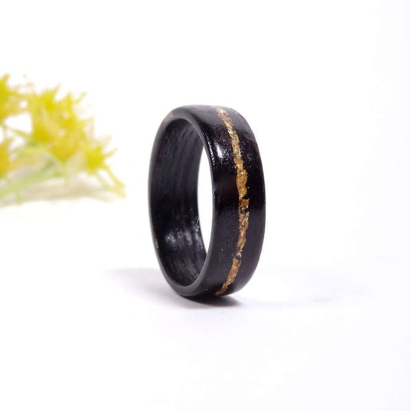 Bague en bois, Alliance , Anneau en bois , Bague fiançailles,  Bague de mariage, Ebène et feuille d'or