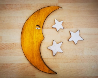 Rustic and vintage wood wall decoration, vintage art, retro decoration, Moon and star