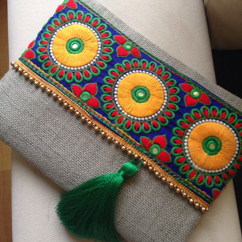 Green - Tribal Hand Embroidered Jute Clutch Wallet