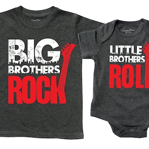 Big Brother Little Brother - Gift Set, Rock And Roll Sibling Shirts. Gray